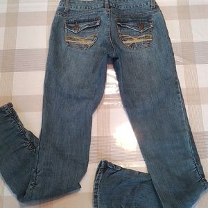 Ruched Leg Blue Jeans, Low Rise, Dark Blue, Inseam 32” (size 27)